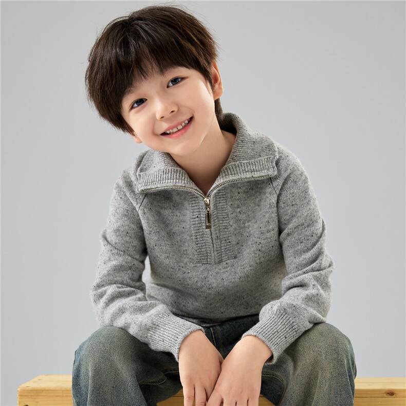优质精选半拉链儿童100%羊毛针织衫男女童套头纯色羊绒翻领毛衣，童装儿童羊毛衫，初丹羊绒童装