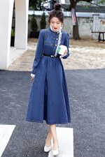 时尚显瘦牛仔连衣裙女长袖高腰修身气质淑女风裙子，女装连衣裙，秋水欣儿