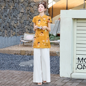 四季青2025夏季新款国风盘扣印花短袖衬衫时尚阔腿长裤女潮图片