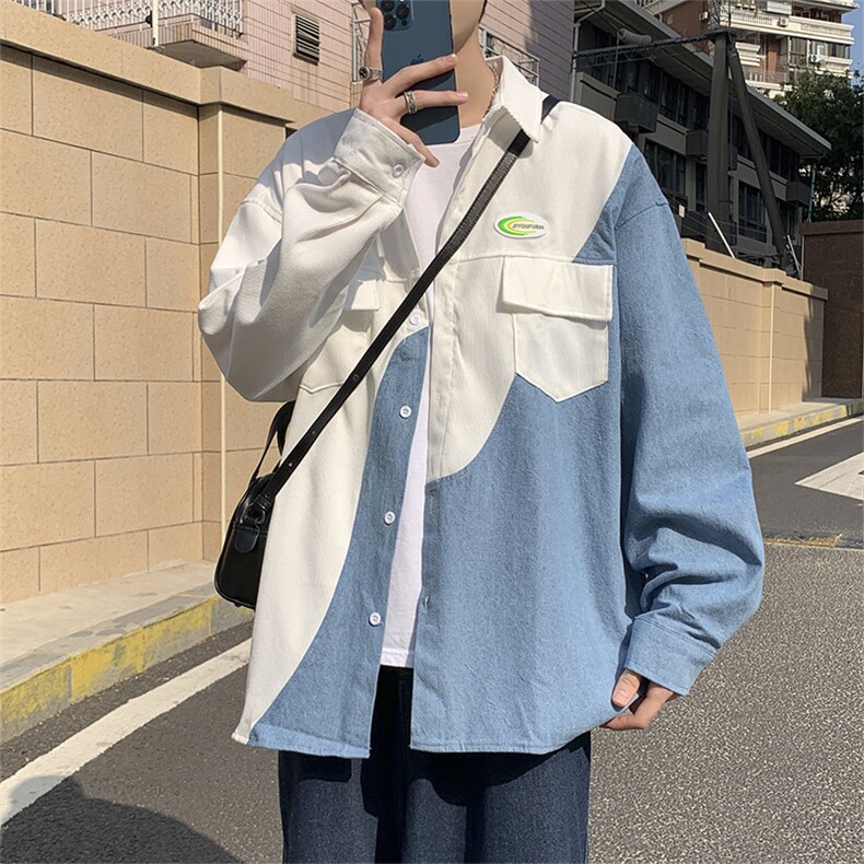 牛仔拼接衬衫设计感小众上衣2023新款春秋宽松衬衣ins潮W2105-P40,男装衬衫,星座412-3