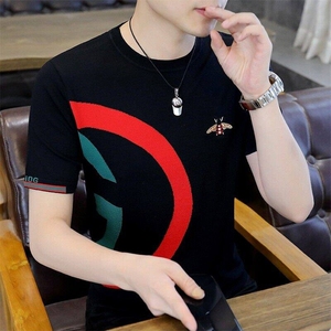 7910-P55夏季休闲时尚短袖毛衣男打底衫欧货T恤潮牌针织衫