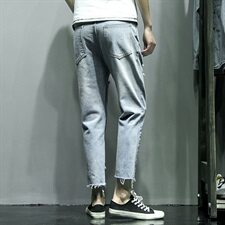 2021春季新日系灰墙潮流刮烂破洞乞丐大码牛仔九分裤男K8130-P50，男装牛仔裤，电商A001