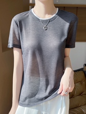 春秋短袖高档新款简约圆领薄款打底衫女t恤针织上衣，女装针织衫/毛衣，绒宛羊绒