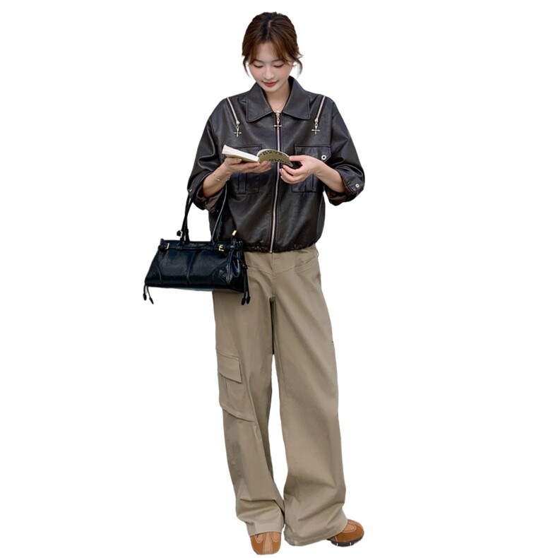 复古时髦机车皮衣外套女2025秋季新款设计感小众小个子短款夹克潮,女装皮衣,2C215