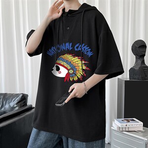 LD54196-P45 连帽短袖t恤男大码胖子带帽五分袖中袖图片