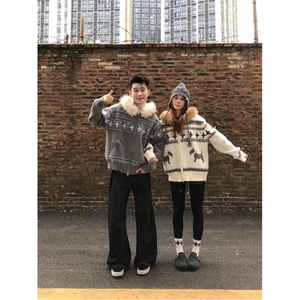 重磅北极绒座山雕毛衣外套冬美式复古休闲慵懒风大毛毛领针织开衫图片