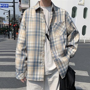 青少年港风文艺格子衬衫男长袖春秋季休闲复古衬衣外套 W1599-P30图片