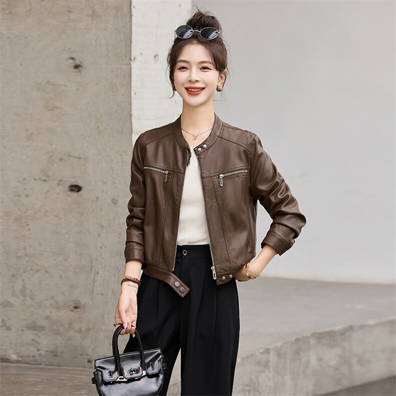 欧货圆领长袖搭扣皮衣外套女2024年春季新款机车时尚皮夹克短外套,女装皮衣,潮流依族