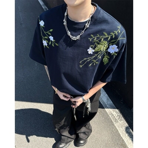 新款t恤男纯棉花卉刺绣ins潮牌重磅上衣男女款百搭宽松半短袖图片