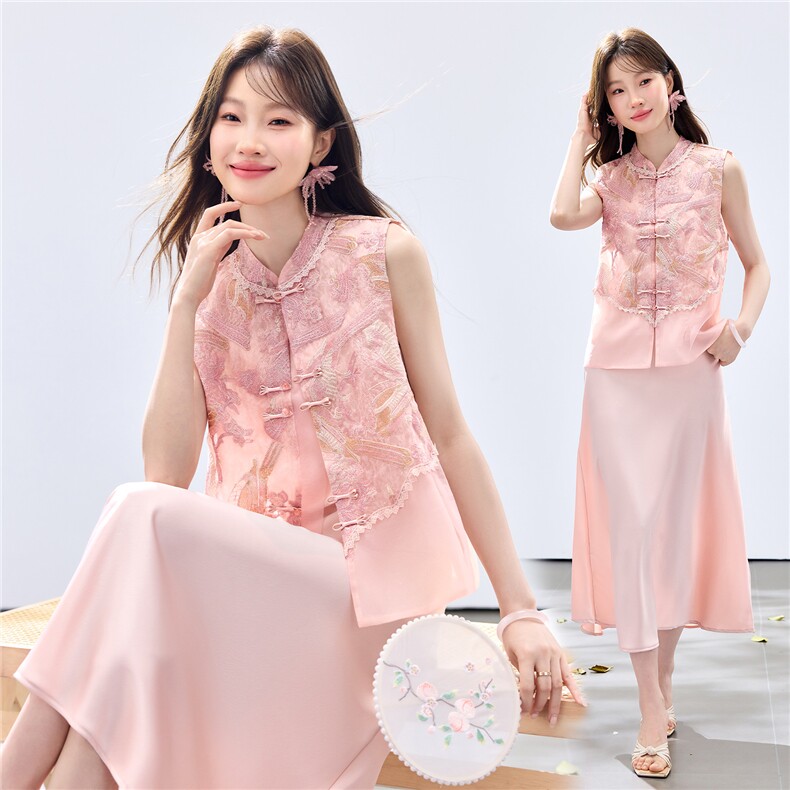 夏季新款现货！2026新中式薄款温柔风重工刺绣马甲+吊带长裙套装，女装套装/套裙，央宝儿