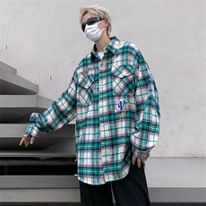 美式cleanfit格子衬衫男女潮牌嘻哈宽松字母刺绣情侣装外套-C1101，男装衬衫，星座601-2