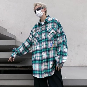 美式cleanfit格子衬衫男女潮牌嘻哈宽松字母刺绣情侣装外套-C1101图片