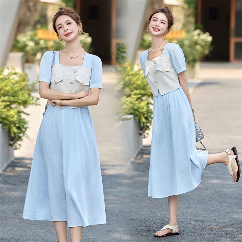 法式牛仔马甲拼接假两件连衣裙女2025夏季新款洋气减龄巨好看裙子，女装连衣裙，采品优优