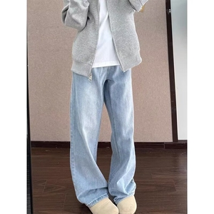 蓝色牛仔裤男士秋季中腰窄版弹力宽松耐磨直筒修身长裤图片