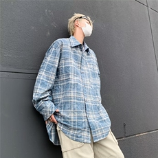 美式复古扎染做旧格纹长袖衬衫男女休闲情侣衬衣高级垂感CS05/P45，男装衬衫，星座506