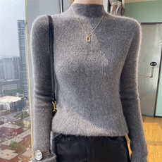 秋冬100%纯羊毛衫女半高领抽条修身针织毛衣百搭显瘦羊绒衫打底衫，女装羊毛衫，美轩羊绒