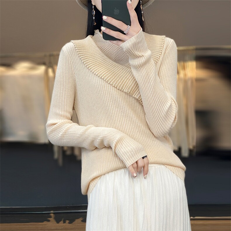 2024新款抽条半高领精纺羊毛针织衫女薄款显瘦内搭修身打底衫上衣图片