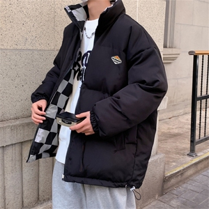 两面穿羽绒棉服外套男冬加厚潮牌oversize格子情侣面包服棉衣袄子