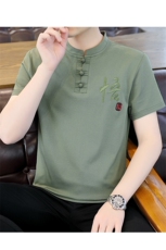 风2026夏季纯棉盘扣绣短袖T恤唐装大码男士小衫XF6512-P55，男装T恤，星座1105-3