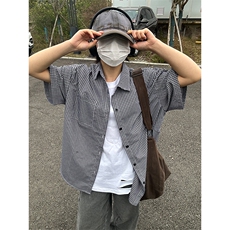 格子衬衫春夏美式短袖衬衫港风情侣装休闲衬衣CS286-P30，男装T恤，星座301C-5