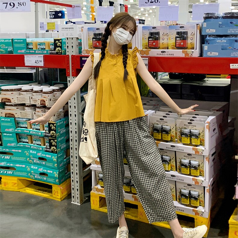 法式木耳边飞飞袖衬衫两件套2023新款小个子显瘦网红套装减龄洋气图片