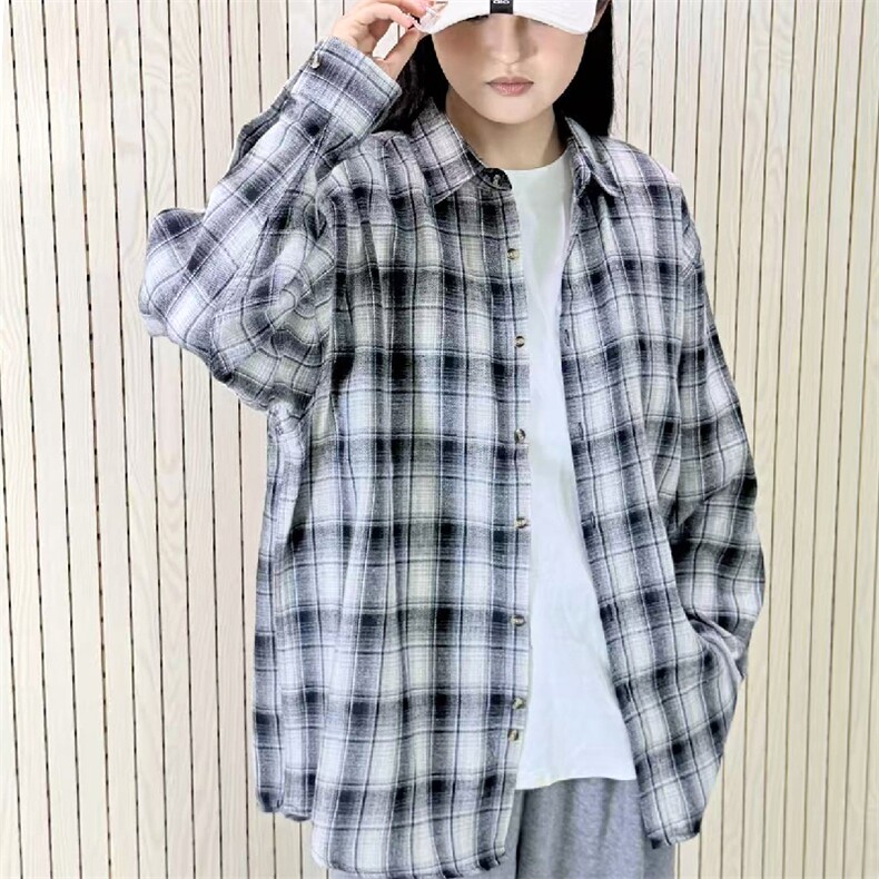 春季新款现货（跨境电商）格子男女情侣款潮流宽松格纹衬衣图片
