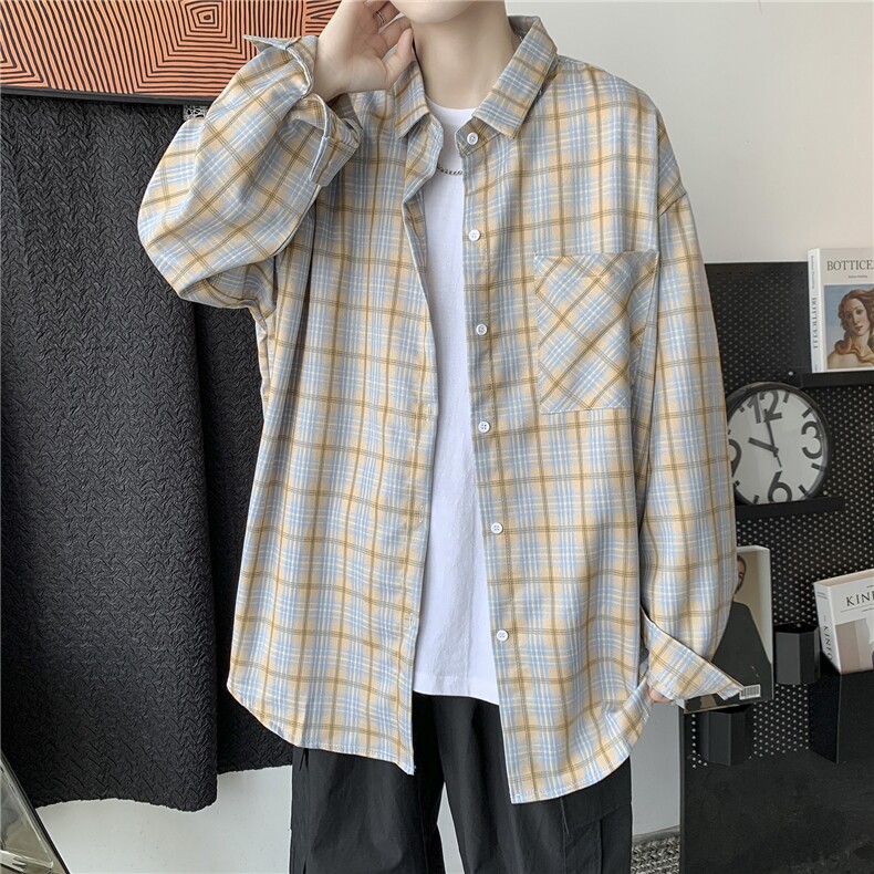 21秋新款港风ins长袖格子衬衫学生衬衣小清新外套男中性H210/P45，男装衬衫，钱塘713