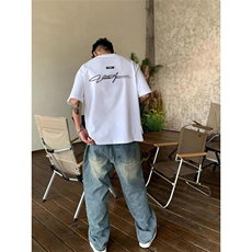 网图美式高街草书字母短袖t恤重磅纯棉小领口上衣A025-T7672-P25，男装T恤，电商A025