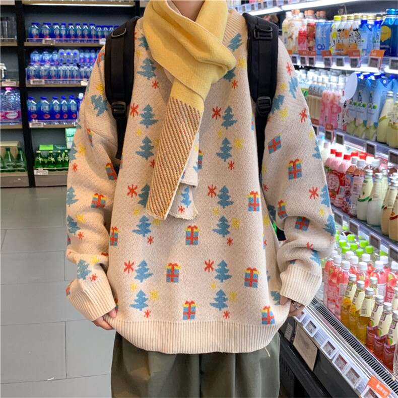 送围巾秋冬季提花毛衣男bf港风宽松针织衫情侣百搭外套 M213-P60图片