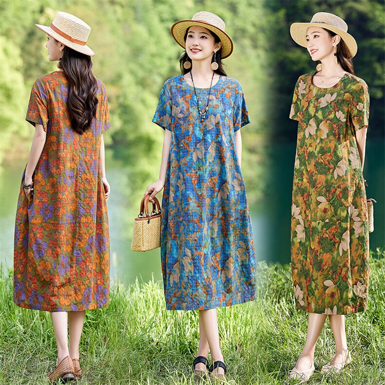 高端碎花连衣裙女2026年夏季新款棉麻风宽松显瘦遮肚洋气减龄裙子，女装连衣裙，倪叶myz