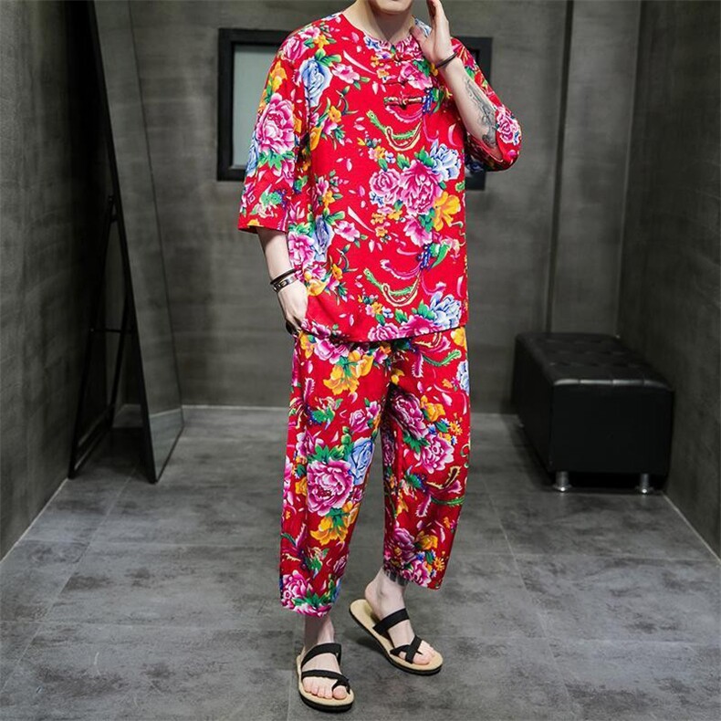 TZ340男女休闲东北大花棉麻套装薄纱透气可睡衣团队服凉爽,男装休闲套装,星座115A(原星座507）