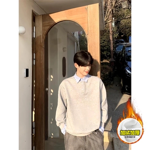 重磅加绒硬挺boxy男女美式高街假两件衬衫领长袖卫衣POLO领打底衫图片