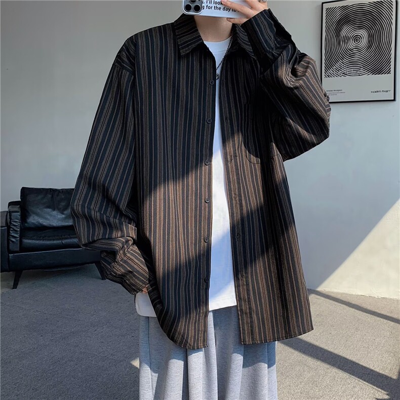 复古撞色条纹长袖衬衫男女中性风休闲宽松工装衬衣潮C213/P48图片