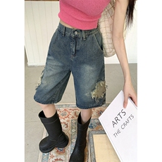 2244-P49复古深牛仔星星短裤女五分直筒裤宽松阔腿休闲中裤，男装牛仔裤，电商A306A