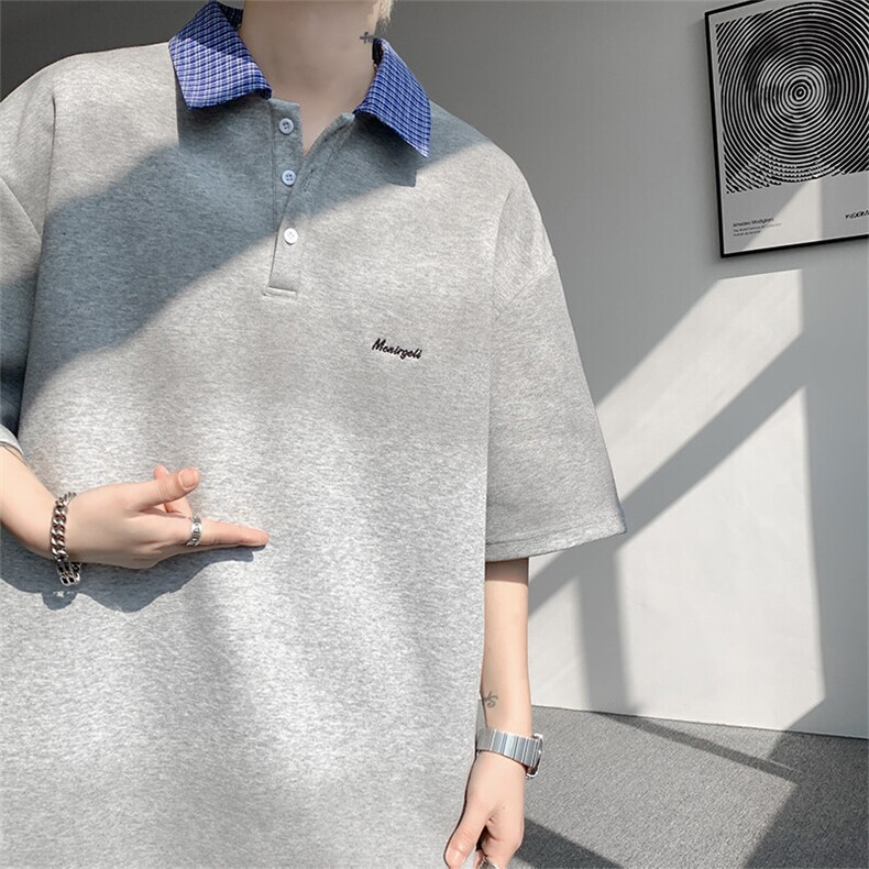 T308-P40控68夏季扎染刺绣POLO衫短袖男潮牌宽松格子拼接体恤,男装T恤,电商A058-1（原电商C417）