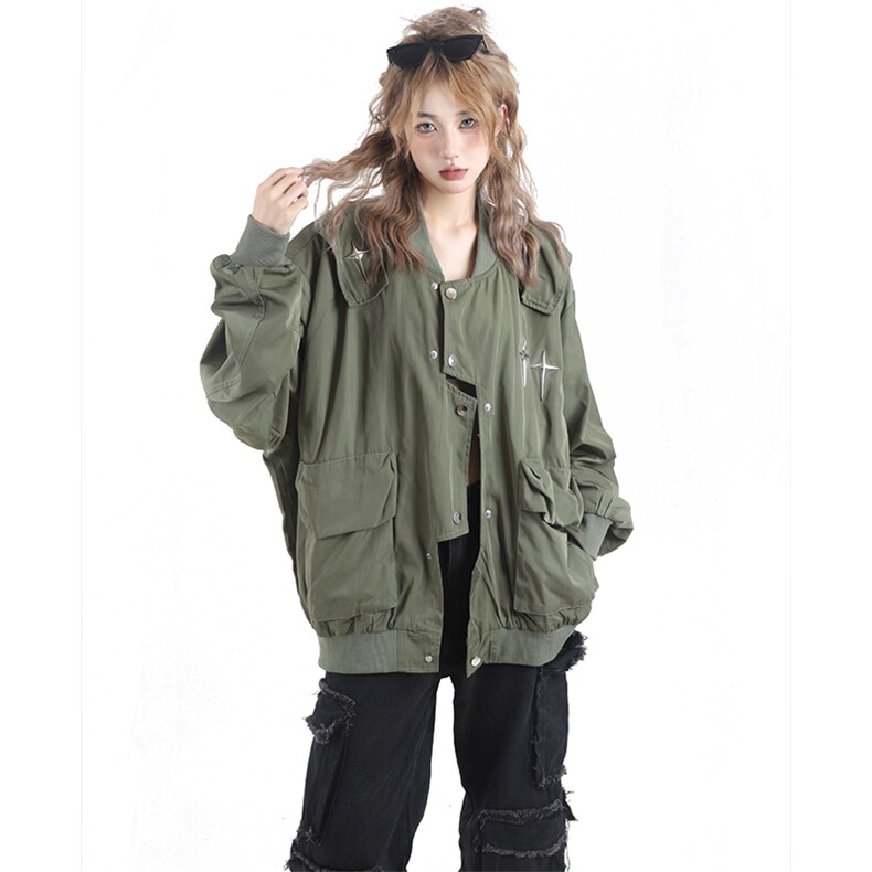 A119-P85复古不规则门襟设计冲锋衣金属星星棒球服外套情侣男女,男装夹克,星座911