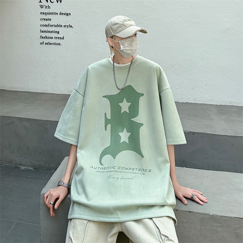 2023夏季字母印花麂皮绒短袖男潮牌高街大码情侣打底T恤T159-P30,男装T恤,电商A001-1
