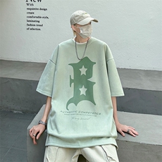 2023夏季字母印花麂皮绒短袖男潮牌高街大码情侣打底T恤T159-P30，男装T恤，电商A001-1