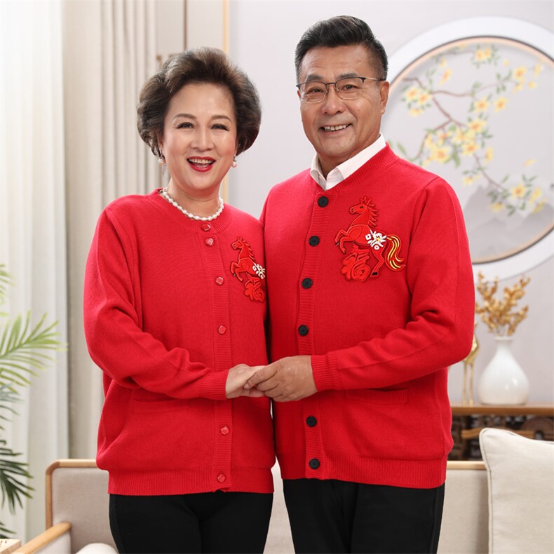 新春马年中老年情侣小马装加绒加厚开衫针织外套喜庆红色，女装针织衫/毛衣，亚东羊绒制品