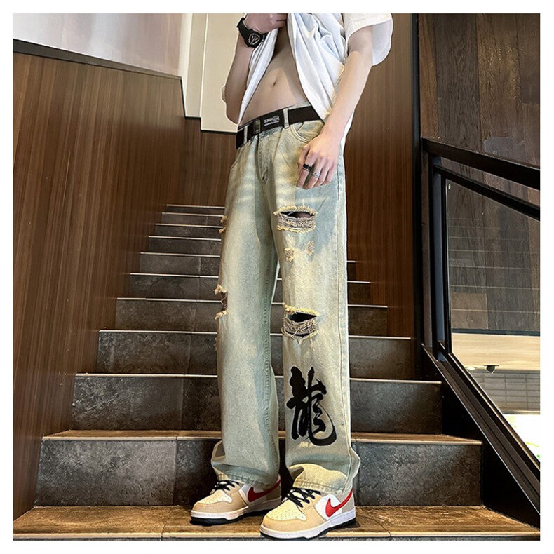 k1079-p55-控78 M-5XL 现货oversize cleanfit显瘦黄泥牛仔裤破洞图片
