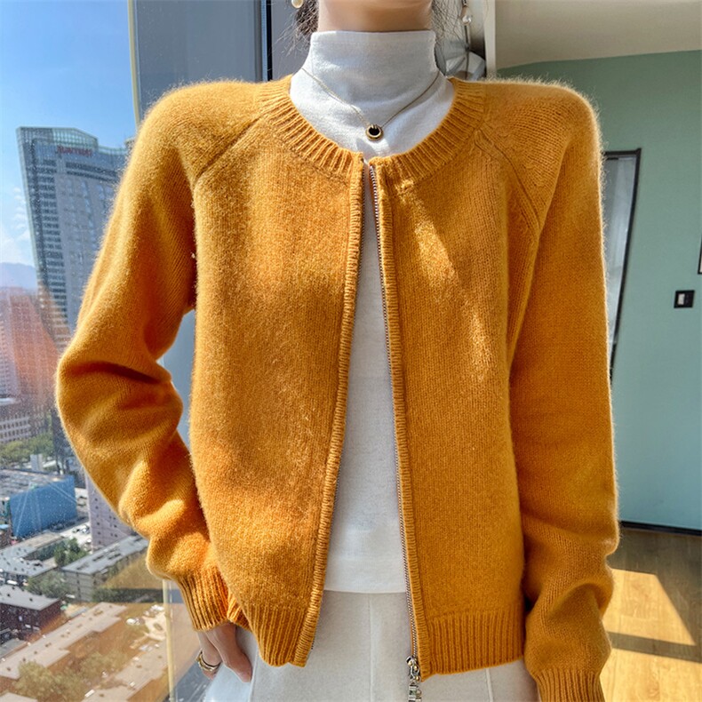 女士秋季新款时尚简约百搭宽松短款拉链羊毛开衫,女装羊毛衫,悦玛羊绒
