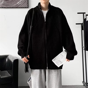 大量现货男立领毛衣拼接条纹宽松针织衫休闲双拉链外套M231 P60图片