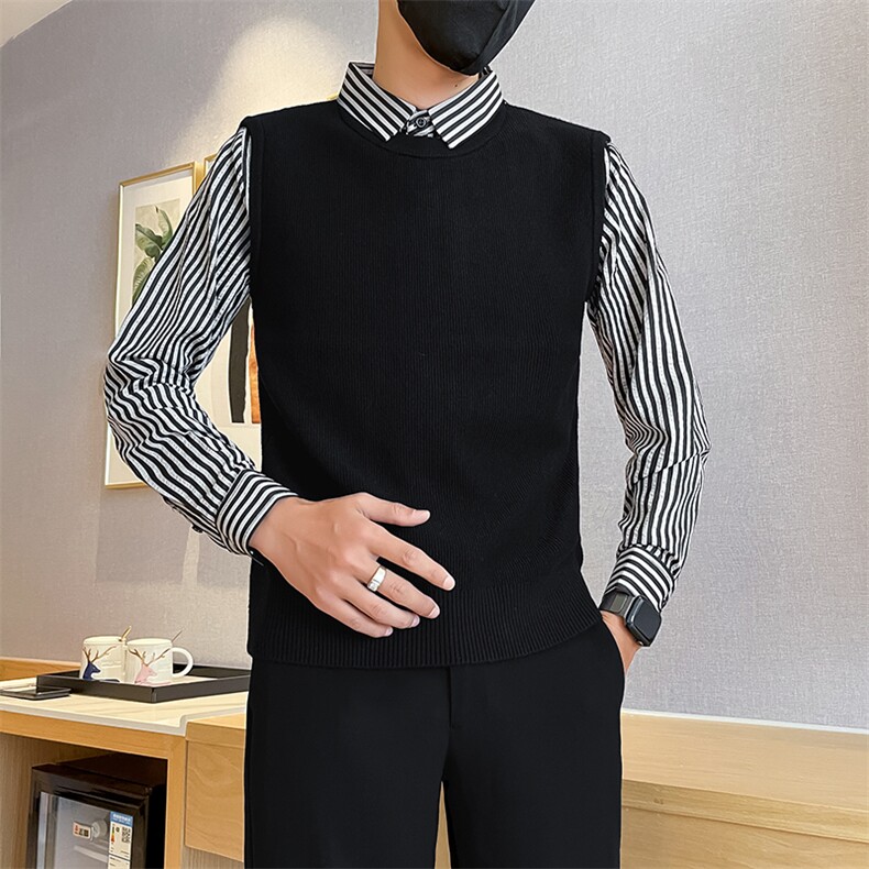 301A-1/M81/P75秋冬新款男士条纹衬衫毛衣假二件男冬季打底衫，男装T恤，星座301A-1