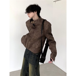 美式痞帅短款垫肩外套男飞行夹克美拉德皮衣机车服LF1001p65特