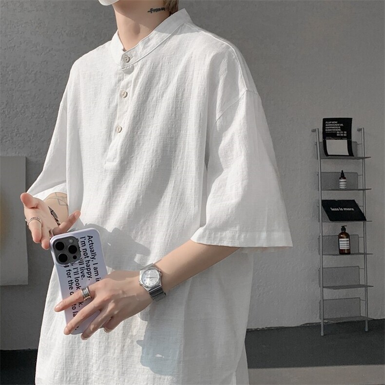 8XL-M中式立领棉麻T恤特大码亨利领亚麻短袖polo衫半袖DX1210/P45图片