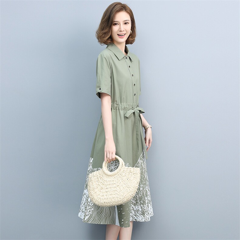 2021夏季新款时尚休闲气质减龄翻领抽绳收腰连衣裙，女装连衣裙，丽影随形