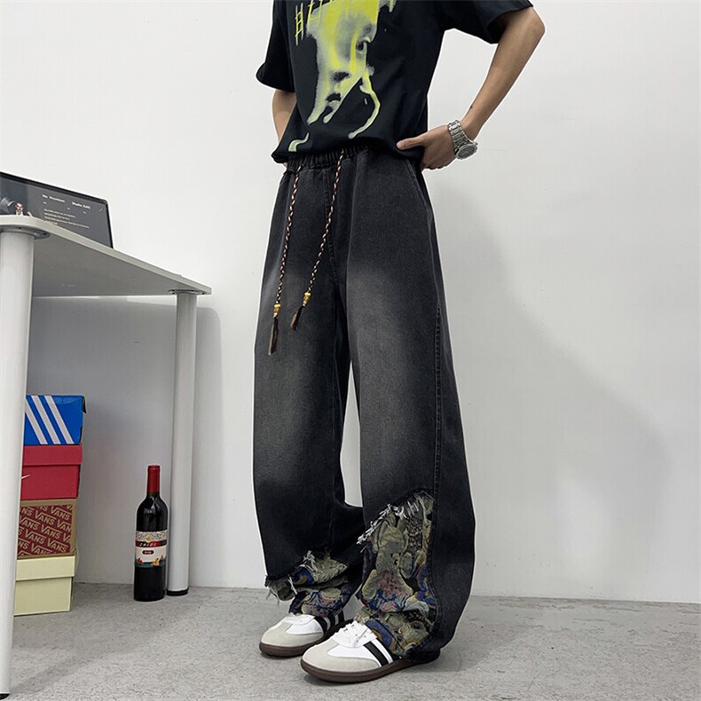 新中式小熊拼接牛仔裤男春夏潮牌痞帅直筒裤美式阔腿裤N9120-P45图片