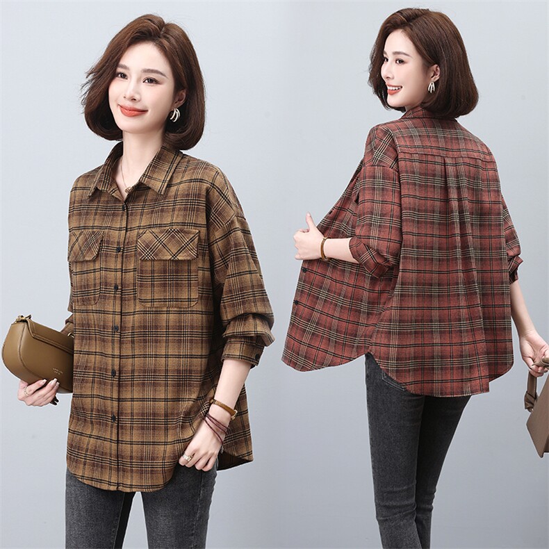 春装新款加厚抓绒磨毛格子衬衫TR布料免烫衬衣宽松大码休闲上衣，女装衬衫，板酷