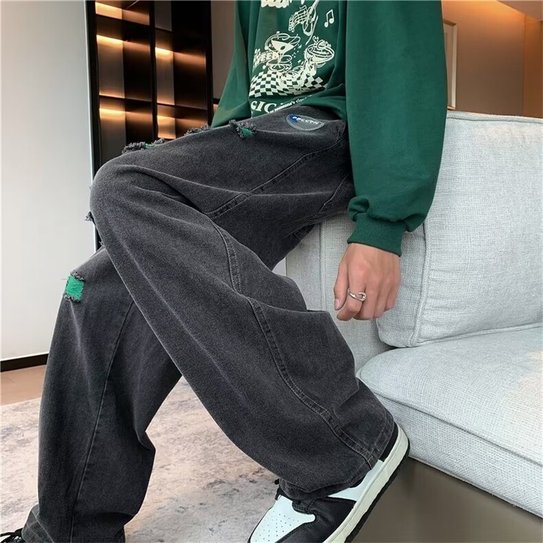 vibe高街裤子潮牌痞帅炸街男复古vintage破洞直筒牛仔裤NK503-p47,男装牛仔裤,星座1008