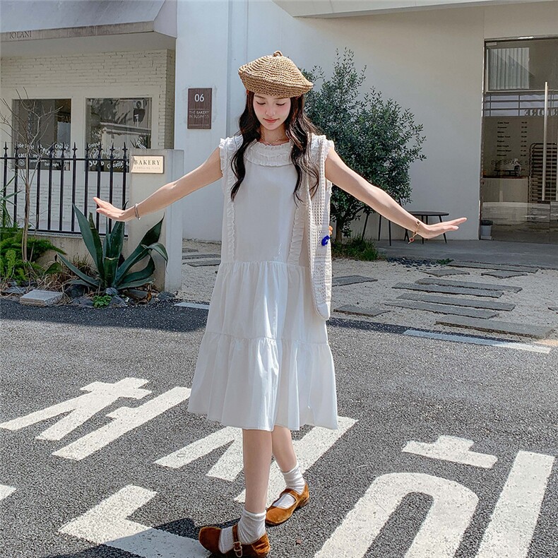 木耳边米白色无袖连衣裙女夏2025新款小个子甜美显瘦今年流行漂亮,女装连衣裙,2C261